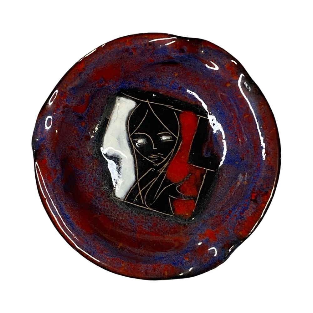 RARE Ruffinelli Assisi Red, Blue, Black, White Ceramic 3” trinket dish 1960s